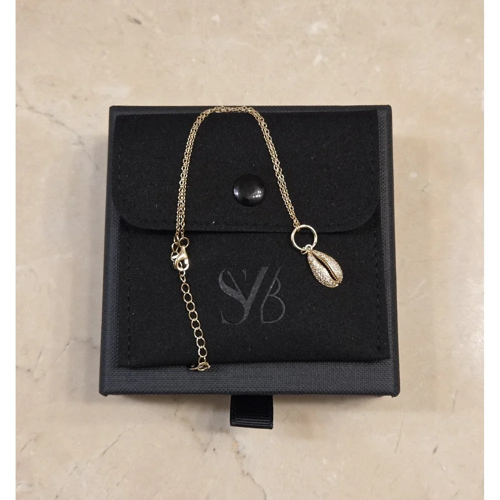 New Sterling Silver Pave Cowrie‎ Seashell Anklet Gold Tone 8.5-10